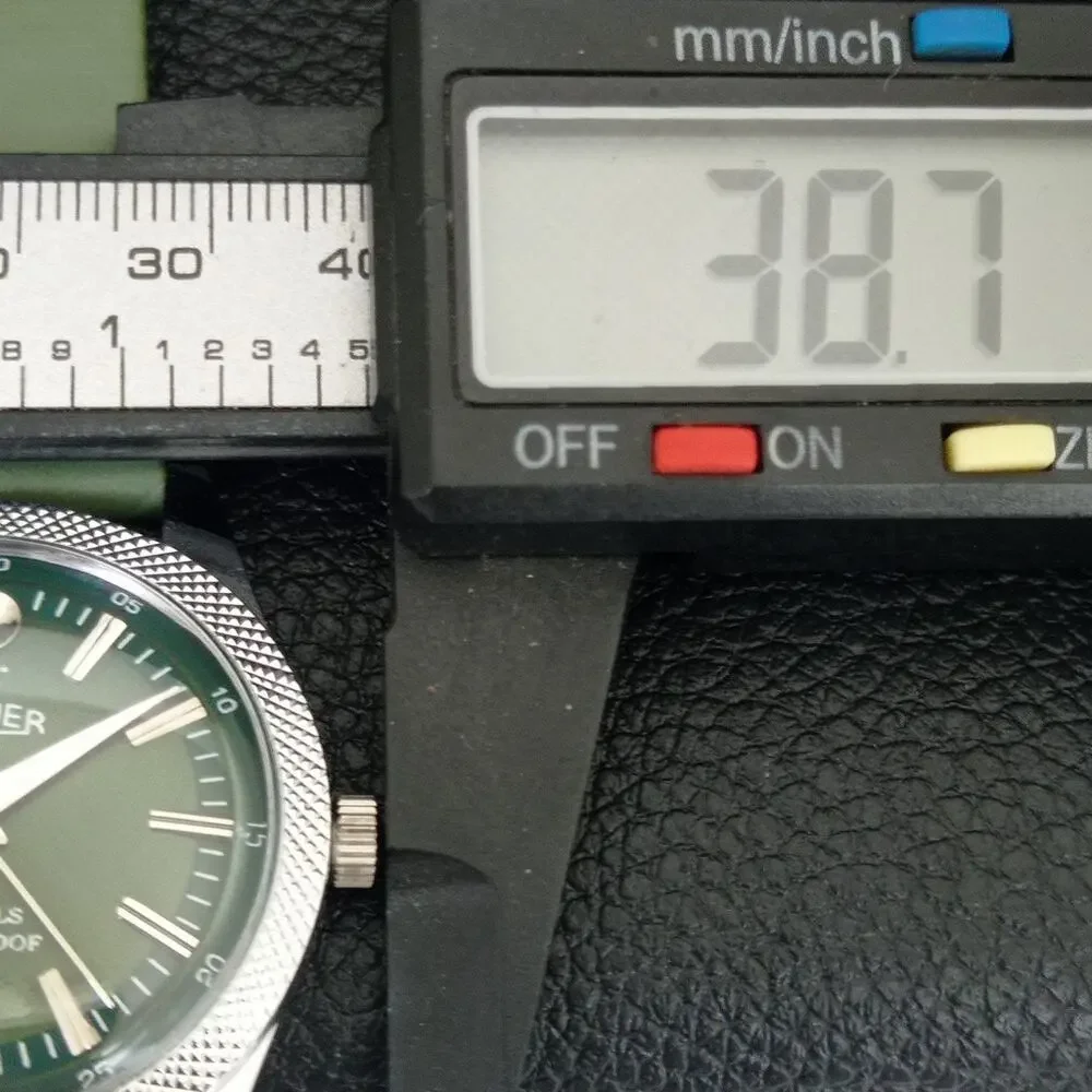 Vintage 1980 Roamer Manual Mens Silver Watch W/Leather Strap & Green accents